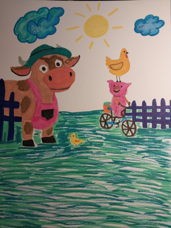 9×12 ORIGINAL IMPRESSIONIST WHIMSICAL Cow Pig Farm Animal Painting Art Decor GAT
