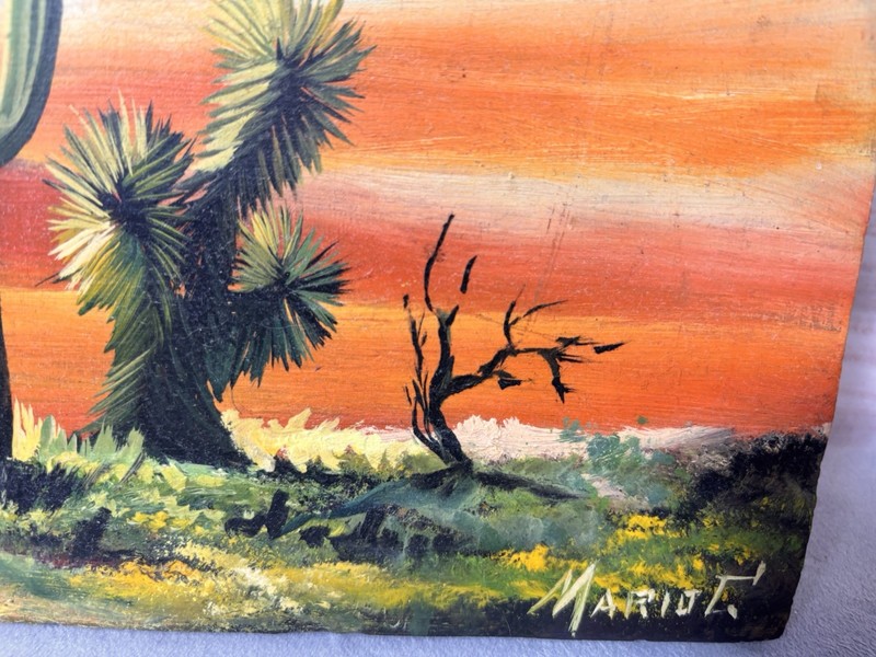 Handpainted Art On Onyx Stone Slice Artist Signed Desert Cactus Sunset Nature gallery