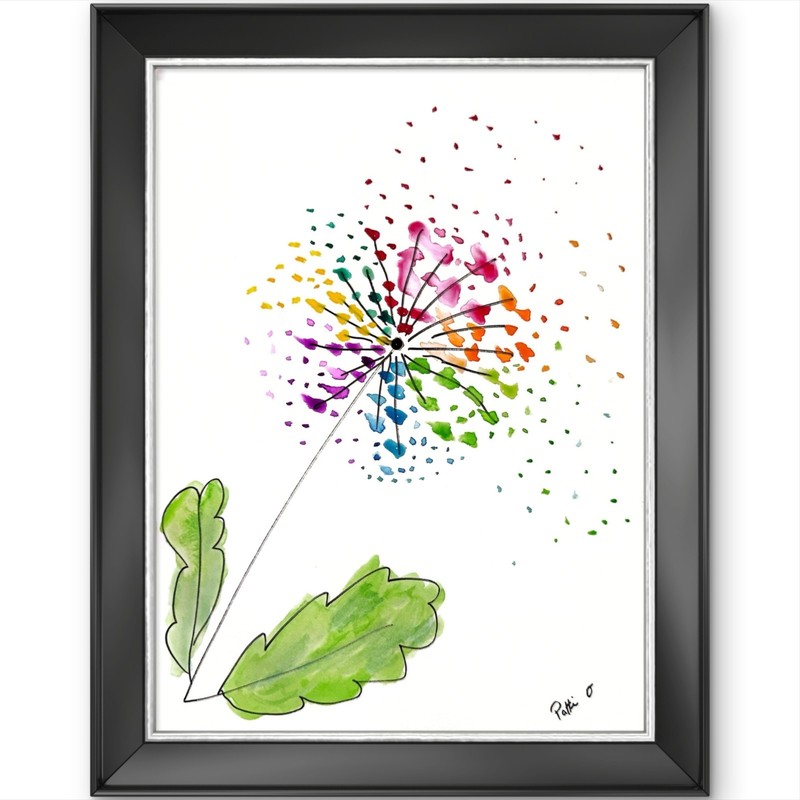 Dandelion Painting Rainbow Wishes 12×9 Watercolor Floral Fine Art Paper Signed