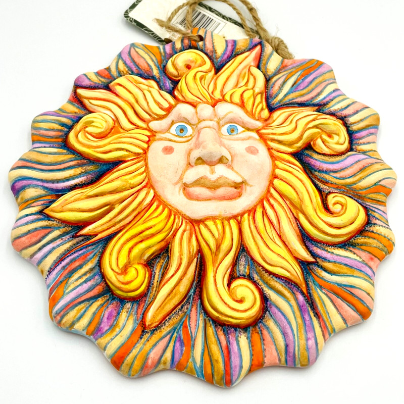 Handpainted Sun 7" Terracotta Sun Wall Plaque Signed One of a Kind Americana Art gallery