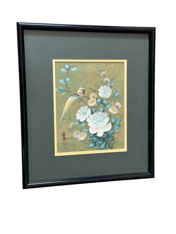 Asian Painting Cork Paper Bird Flower Gold Matted Framed Signed