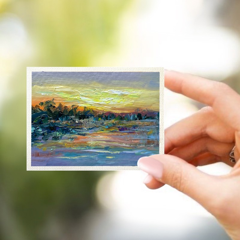 ACEO Original Oil Painting Evening Sunset#45 Art Cards Impasto 3.5×2.5 Signed