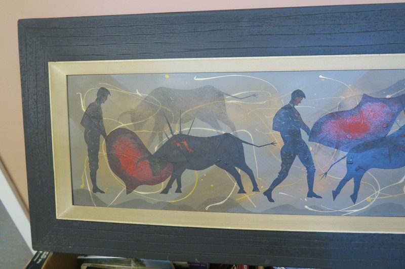SIGNED EDGAR STARECK 1959 BULLFIGHT COWS OIL ON BOARD PAINTING 11.5" x 39.5" gallery