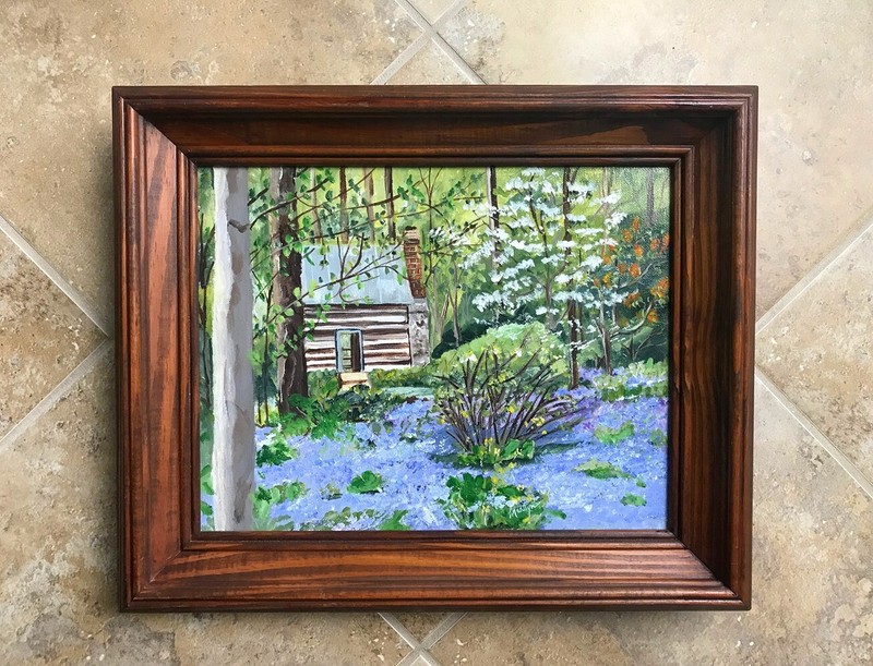 Framed Landscape Oil Painting, Cabin In The Woods By Marilyn, 17 1/2" x 14 1/2" gallery