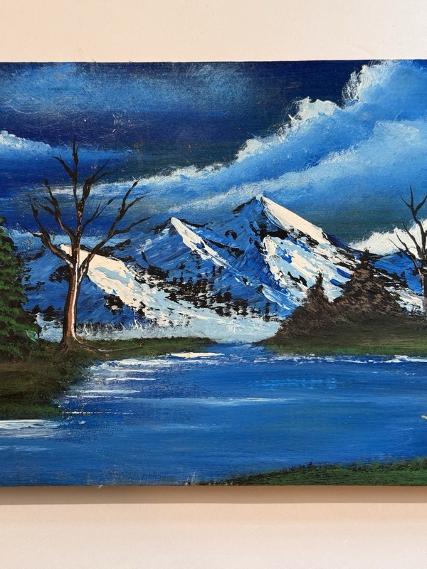 Vtg Folk Art Rustic Slab Board Mountain Lake Scene Hunting Cabin Bark Tree 7x22” gallery