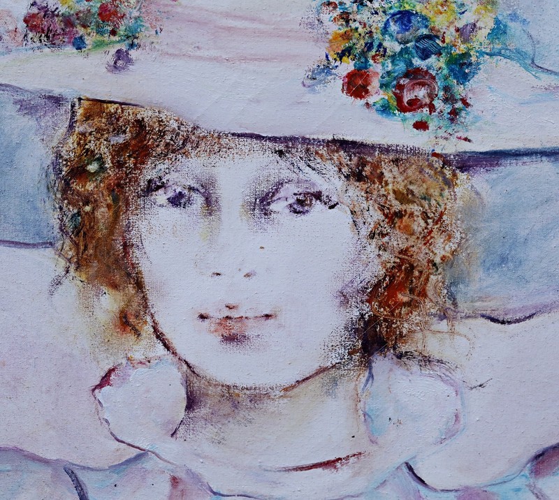 Ellinor Michel Girl With Flower Hat Portrait Signed Oil Painting on Canvas gallery