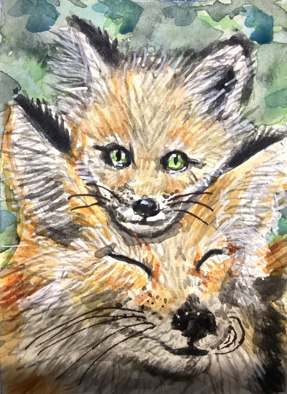 Mother and baby fox watercolor original painting ACEO