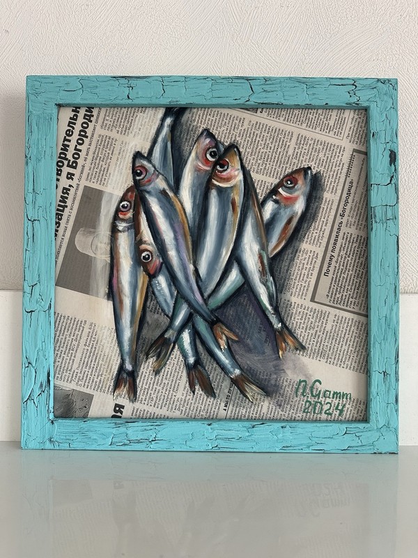 original oil painting, still life, 30x30cm, Fish On Newspaper, Gift, Wall Art