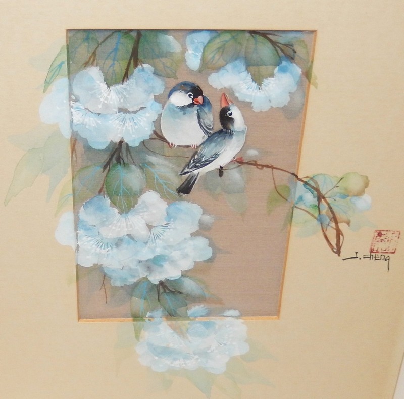 JOHN CHENG BIRDS ON BLUE BLOSSOM TREE ORIGINAL SIGNED WATERCOLOR PAINTING