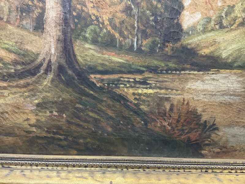 Antique Original Oil Painting Signed & Framed Forest With Stream Landscape As Is gallery