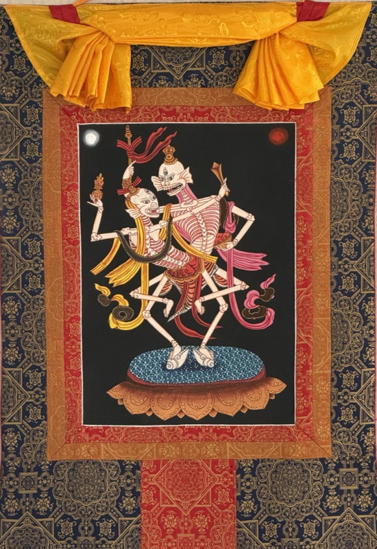 CITIPATI DANCING SKELETONS HAND-PAINTED TIBETAN THANGKA ART WITH SILK BROCADE gallery