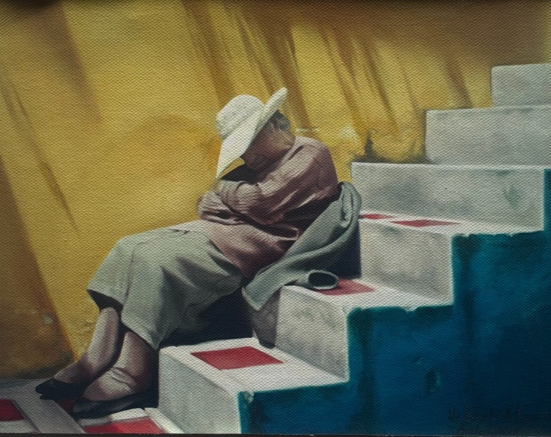 OId woman napping on staircase painting by living artist. 7.5×9.5″ print