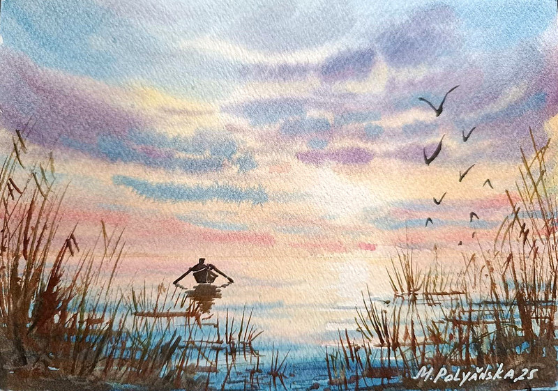 Original Art Modern Painting Landscape LONELY FISHERMAN IN BOAT Seascape Gift A5 gallery