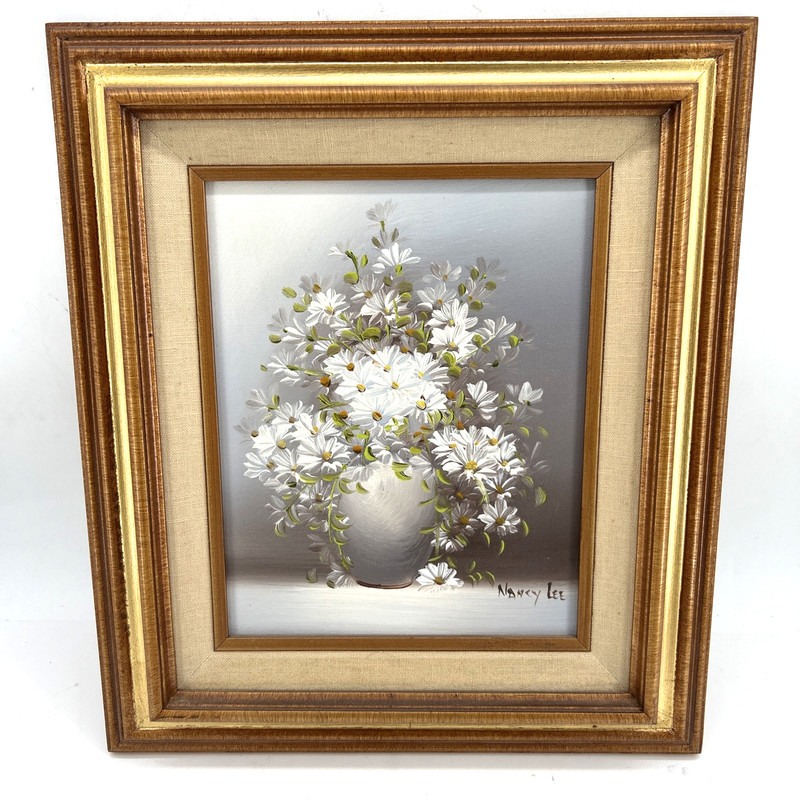 Nancy Lee Original Oil On Board Floral Still Life Wood Frame 15″×13″