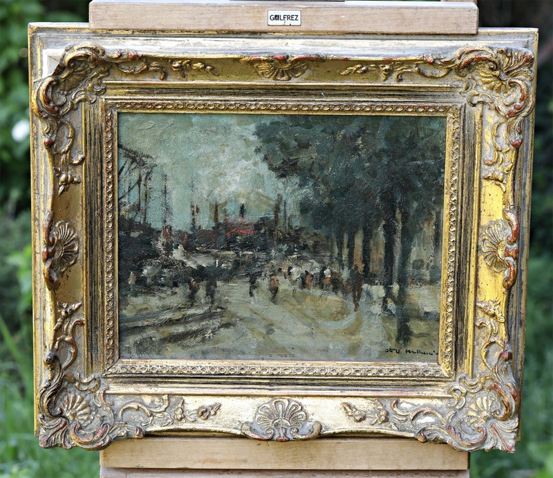 Oil On Wood Signed Otto Hellmeier – Street Scene With Figures – Framed