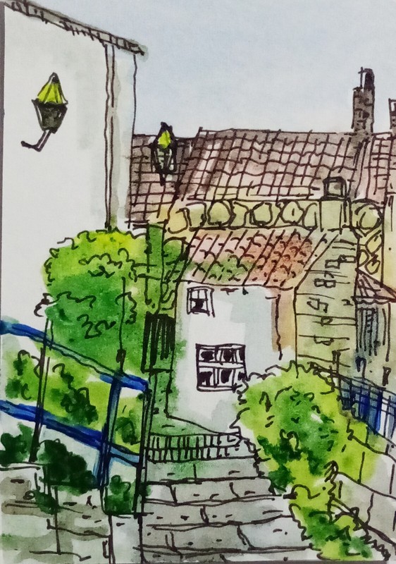 ACEO Original Watercolor Painting Miniature Line & Wash Art House Staircase ATC