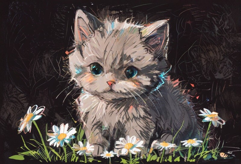 ACEO Mini **Art Print** Gray Fluffy Cat Kitten and Daisy Flowers by Saulite
