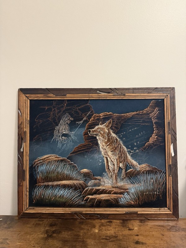 Ernesto Sanchez Native American Wolf Black Velvet Art Signed Framed