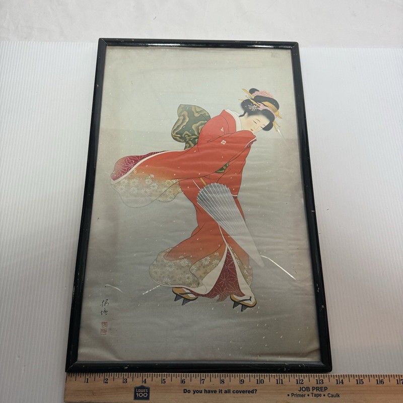 Japanese Lady W/Red Kimono Framed Painting, Signed Artwork 13.5” X 21.5” Asian