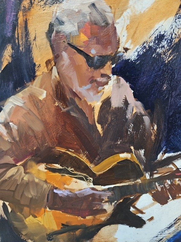Abstract Portrait GUITAR PLAYER Original Oil Painting by Gretchen Lopez 16″x17″