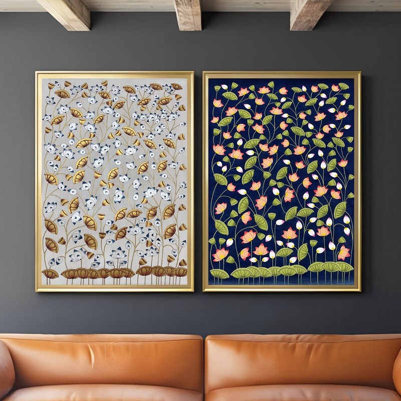 Set of 2 Lotus Pond Pichwai Painting Indian Pichwai Painting, Home decor Art