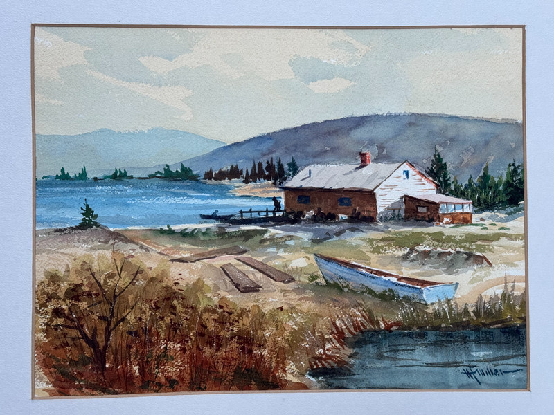 H.F. MILLER VINTAGE WATERCOLOR PAINTING MAN EXITING CABIN BY RIVER LANDSCAPE ART