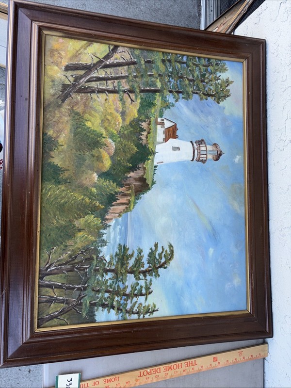 Acrylic painting lighthouse trees 33 x 27 1/2 gallery