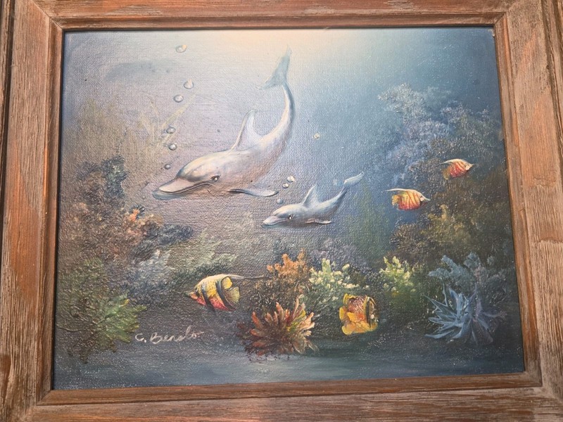 C. Benolt Dolphin & Fish Original Oil Painting Custom Framed Great Detail Signed gallery