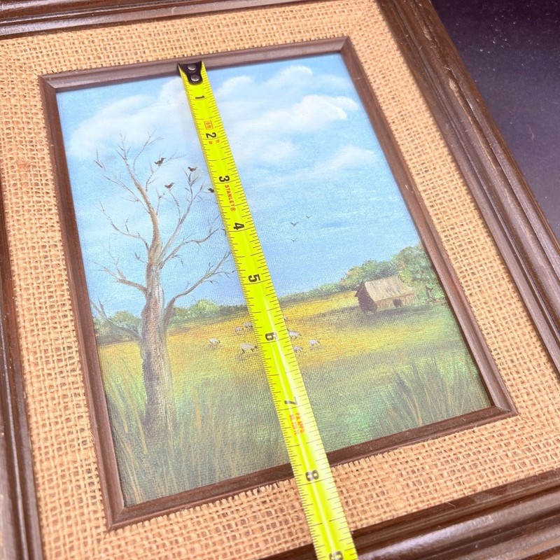 Vintage Art Framed Country Landscape Painting In Rustic Brown Wood Frame 13x11" gallery