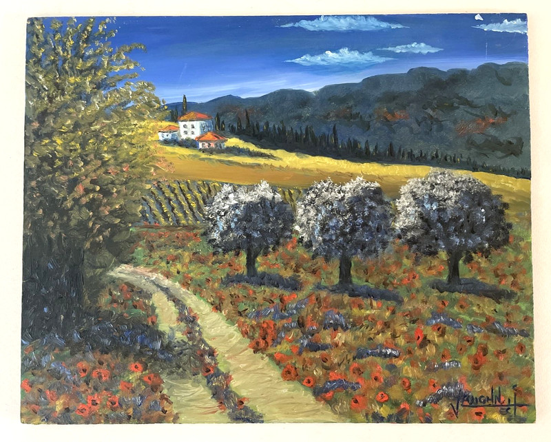Vintage Italian Poppy FlowersFruit Tree Landscape Signed Vaughn no frame 12×15″