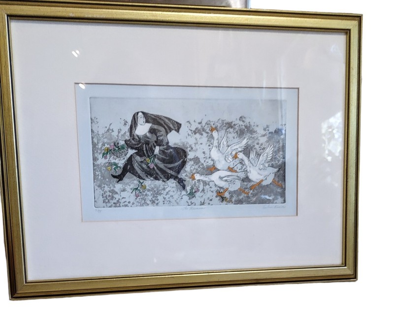 "THE RUNNER" Aquatint Nun Chased by Geese Signed Numbered 3/95 Hand Colored VTG gallery