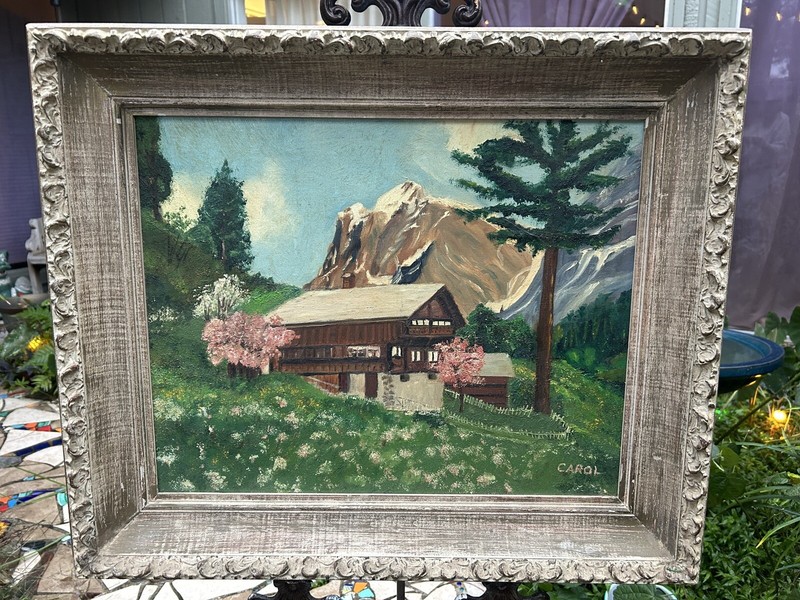 Vintage 1950’s Original Naive Oil on Canvas Folk Art Alpine Landscape, Framed