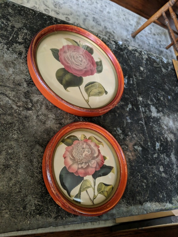 Vintage Hand Colored Round 2 Framed Paintings, Camille’s, Concaved Glass,
