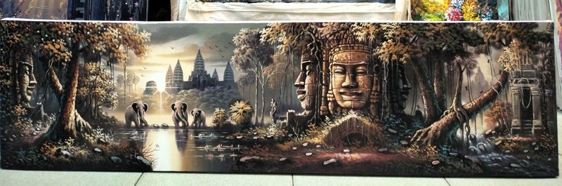 Wall Decoration of Angkor Wat Temple Oil Painting Signed 40cm x 150cm gallery