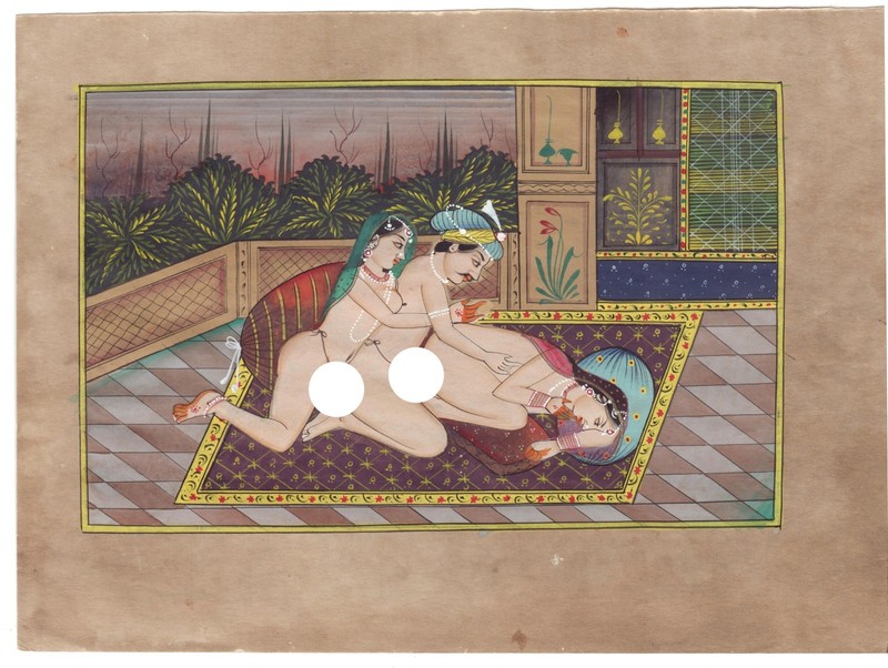 Fine Erotic Painting Miniature Kamasutra Art Painting 2 Woman 1 Man Bedroom Art