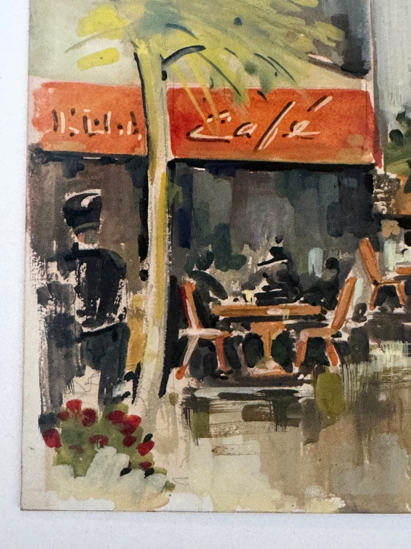 C. RAVEL SIGNED ORIGINAL PAINTING PARIS FRANCE SIDEWALK CAFE BICYCLE CITISCAPE gallery