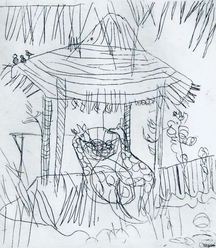 80s Etching 10×7″ Animals Zoo Safari Giraffe Birds Art Drawing Beach Palapa MCM