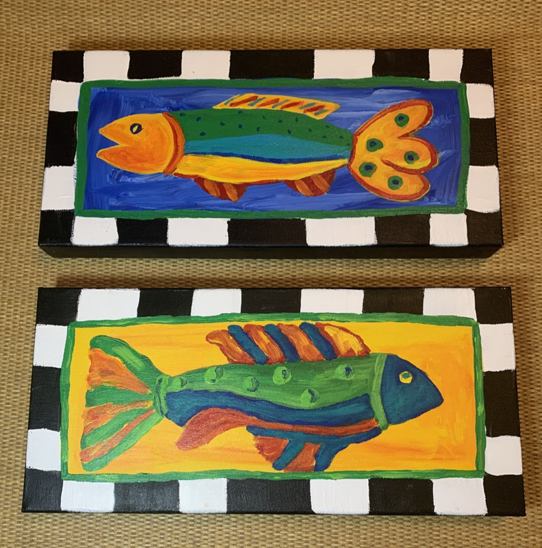 2 Colorful Funky Fish Hand Painted Canvas 7×15 Signed Beth Carl Wall Art OOAK