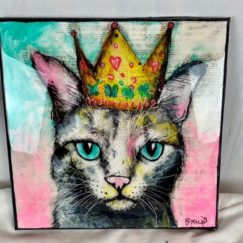 Crowned Cat Study Mixed Media Acrylic Painting Resin Finish 12×12