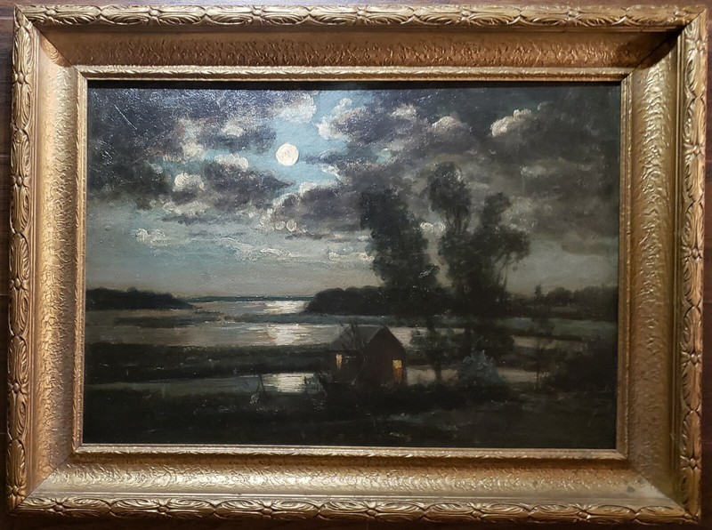 ANTIQUE AMERICAN IMPRESSIONIST TONALIST PAINTING LAKE OR OCEAN HOUSE HUT MOON MI gallery