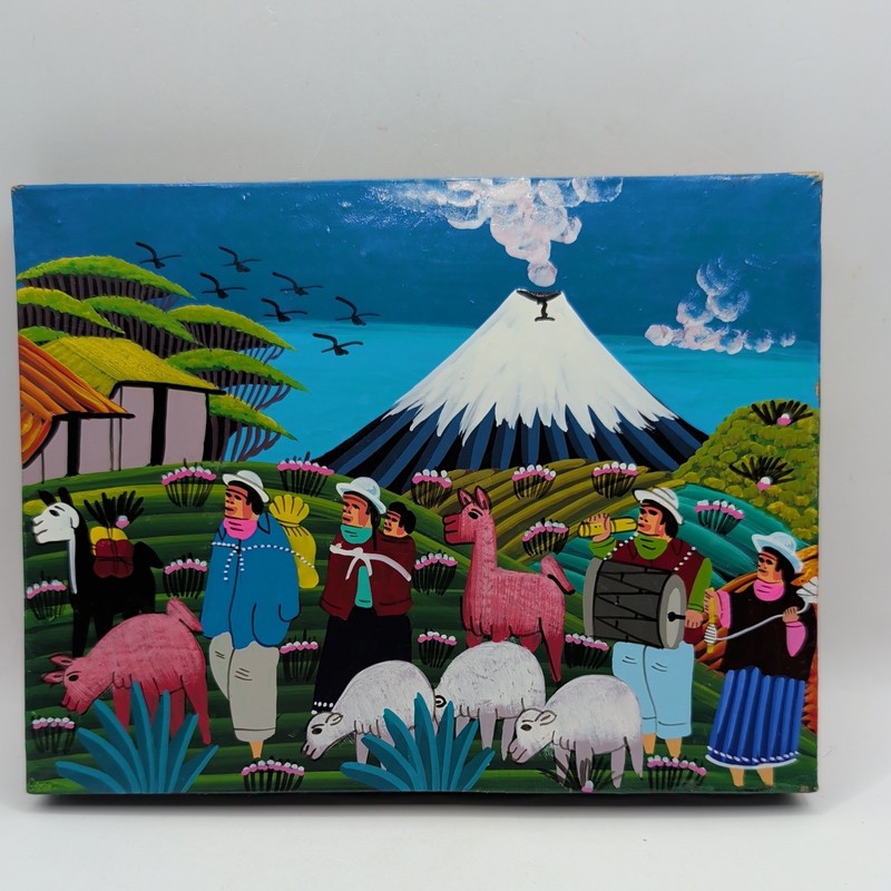 Vtg Miniature Folk Art Painting on Stretched Hide Tigua Ecuador Village Volcano