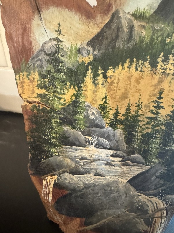 Original Mountain Stream Landscape Oil Painting on Wood Slab (Signed) gallery