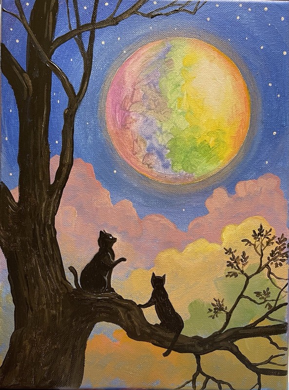 ACEO PRINT OF PAINTING RYTA BLACK CAT Spring Landscape Rainbow Moon Folk Art Pet