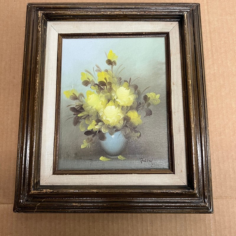 Vase with yellow flowers, signed Rossy, oil on canvas, framed