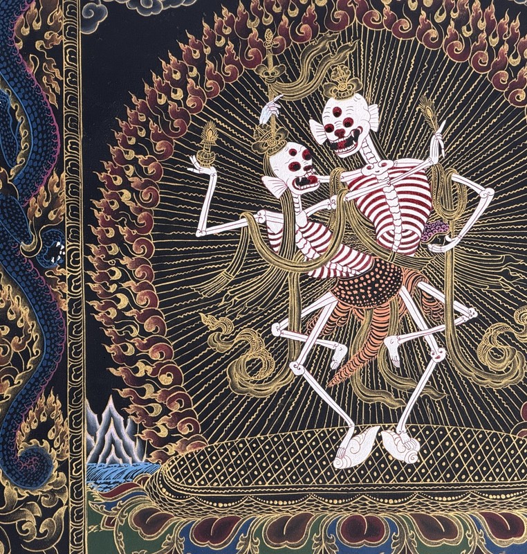 CITIPATI/ DANCING SKELETON/ HAPPY COUPLE OIL-VARNISHED TIBETAN THANGKA PAINTING gallery