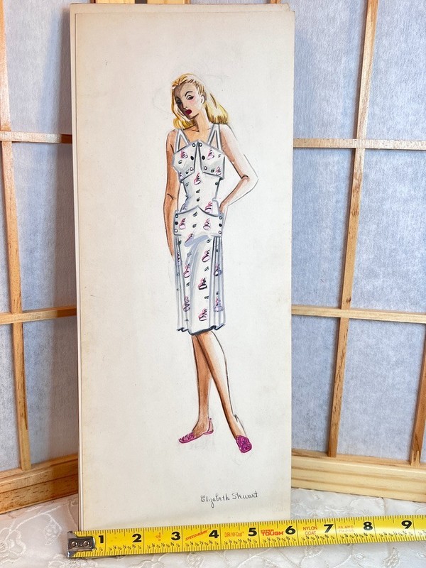 Vtg 1940s Fashion Design Sweet White Dress Watercolor Ink Original 6"X14" Signed gallery