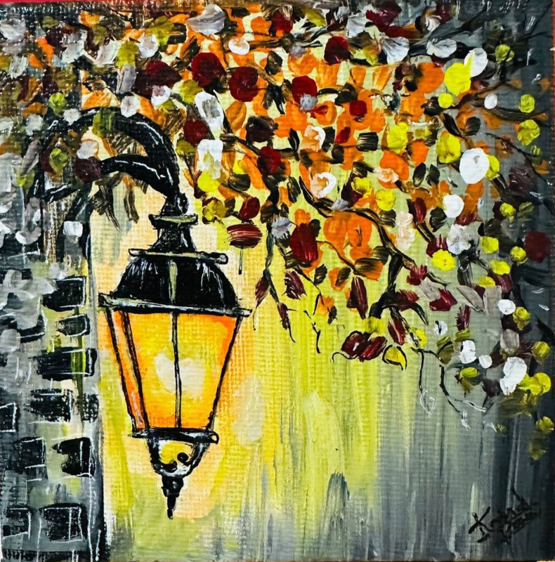 Original Canvas Acrylic Painting Street Lamp Floral Night Warm Glow 10cm*10cm