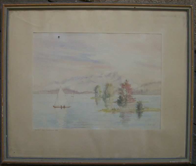 ::MONOGR. F.A. HERBST AM SEEHAMER SEE SEGELBOOTE WARM BÄUME ALPEN HELL TAG ANTIK