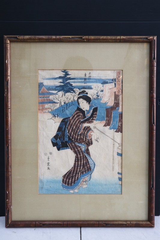 Original Edo Period Ukiyo-e Woodblock Print Hiroshige II (Shigenobu) Woman in Sn