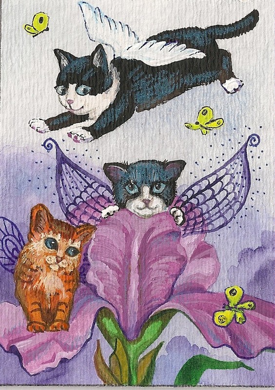 PRINT OF ACEO PAINTING RYTA TUXEDO BLACK CAT FAIRY GARDEN SPRING FOLK Art Iris